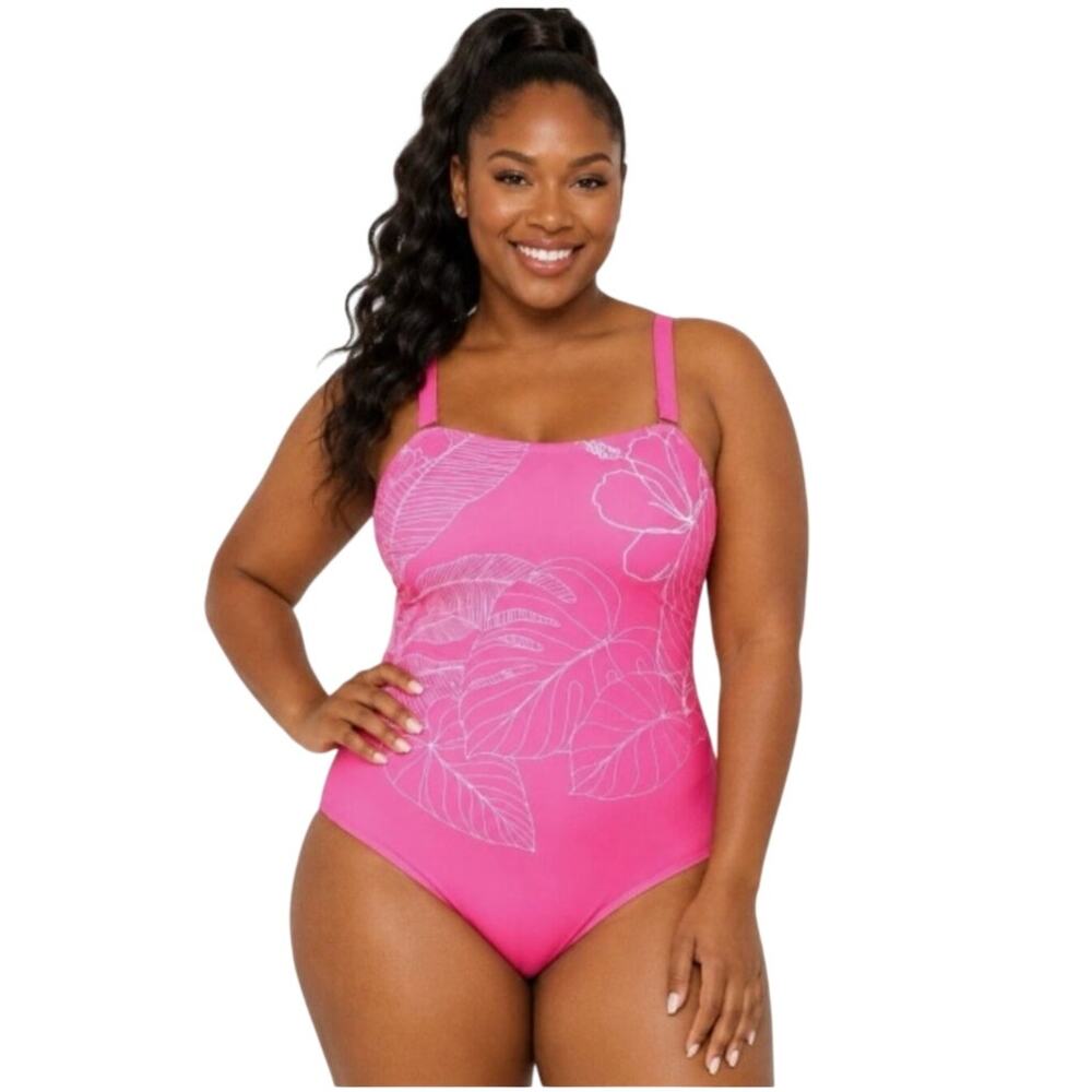Susan Graver NWOT Luminous Pink Tropical Soleil Swimsuit Removable Straps Sz 20W